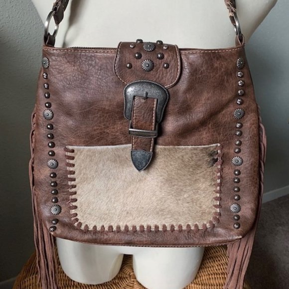 Trinity Ranch Hair-On Cowhide with Leather Fringe Tote/Shoulder bag - Picture 1 of 4